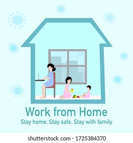 Woman is works from home by using laptop and has kids (girl) playing around.  Stay at home during the coronavirus epidemic. Remote work from home during Quarantine. family together.