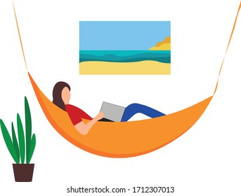 Woman works at home in a hammock
