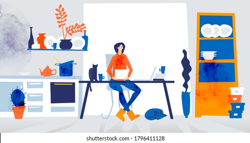 Woman works from home, kitchen table, distance working. Self isolation, quarantine. People dreaming go back to normal, work together, to solve problems and socialise 