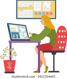 Woman works at home office desk using laptop with cat images. Female professional graphic designer in casual attire vector illustration. Creativity, freelance work, cozy workspace vector illustration.