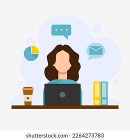 A woman works from home or the office on a laptop computer. Or a freelancer. Vector illustration in a flat style on a white background.