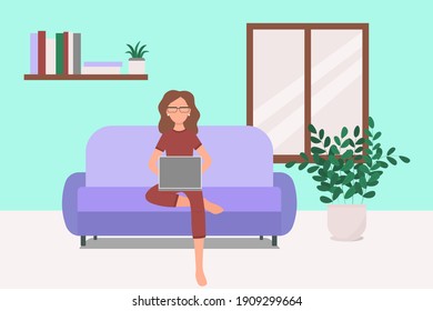 The woman works at home. Vector, girl on the couch with a laptop. Work at home, at home. The woman on the couch.	
