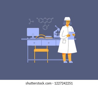 A woman works in a laboratory. Scientific experiment. Scientific work. Illustration in modern flat linear style.