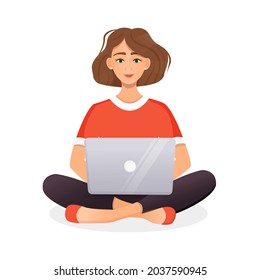 Woman works at the laptop computer. Flat vector illustration of freelance, work at home, work, office, education. Remote work and communication in social networks. Cartoon style.