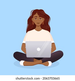 Woman works at the laptop computer. Flat vector illustration of freelance, work at home, work, office, education. Remote work and communication in social networks. Cartoon style.