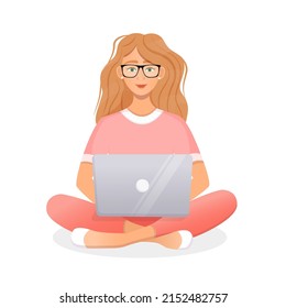 Woman works at the laptop computer. Flat vector illustration of freelance, work at home, work, office, education. Remote work and communication in social networks. Cartoon style.