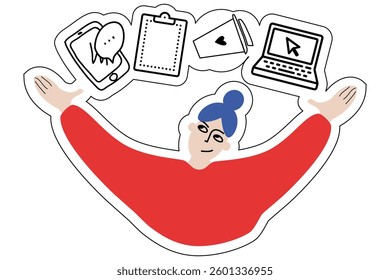 Woman works at laptop computer. Freelancer taking notes. Flat vector illustration isolated on white background. Funny sticker