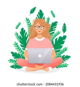 Woman works at the laptop computer on background of plants. Flat vector illustration of freelance, work at home, work, office, education. Remote work and communication in social networks.