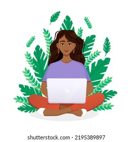 Woman works at the laptop computer on background of plants. Flat vector illustration of freelance, work at home, work, office, education. Remote work and communication in social networks
