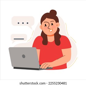 A woman works at a laptop and conducts business correspondence. The concept of a business idea, startup, organization, brainstorming. Vector illustration 
