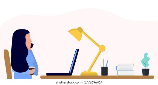 Woman works at a laptop. Fashion trend vector illustration, flat design