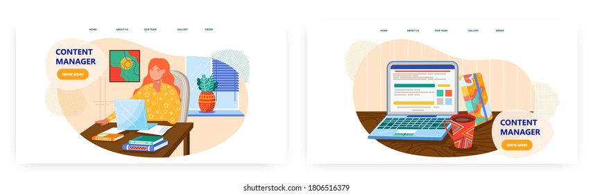 Woman works with laptop in home office. Business concept illustration. Vector web site design template. Open laptop and coffee on a desk