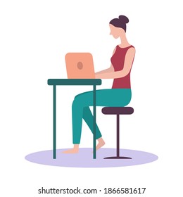 A woman works at a laptop at home. vector