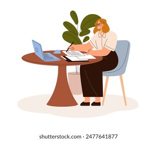 Woman works with laptop and papers on desk. Business person filling forms, signing documents, sitting at round table with notebook computer. Flat vector illustration isolated on white background