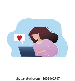 A woman works at a laptop, sends a message with love. Flat style vector illustration.