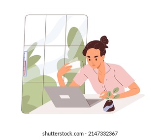 Woman works at laptop, sweating from heat, hot weather, high temperature. Office worker working at computer, fanning at indoor workplace. Flat vector illustration isolated on white background