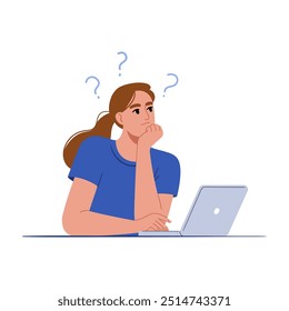 A mulher trabalha em um laptop e pensa. Ilustração de vetor desenhada à mão.