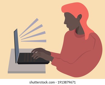 The Woman Works At The Laptop. Vector Cartoon Illustration In Warm Colors. Young Person With Pink Mullet Hairstyle. Remote Work Via The Internet. Freelance, Hobbies And Games Thanks To The Internet