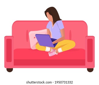 A woman works at a laptop while sitting on the couch. The concept of freelancing at home, entertainment, hobbies, communication via the Internet. Flat illustration in cartoon style