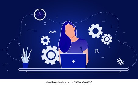 Woman works with a laptop at the work table, looks at the monitor. Gradient linear vector illustration of student studying at home. People working with laptop at home on blue background 