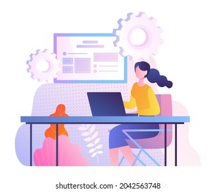 Woman works in office concept. Female character sitting at desktop and performing task on laptop. Businesswoman or manager. Cartoon modern flat vector illustration isolated on white background