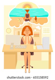Woman works in the office and dreams about going to summer vacation to the beach. Girl dreaming about meditation at the sea. Vector cartoon character in flat style design.