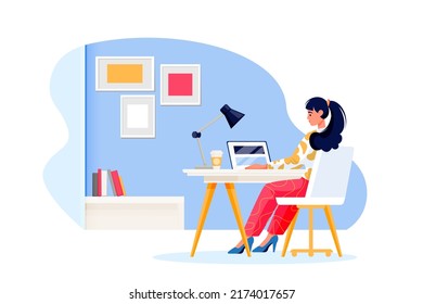 Woman works in office or in home. Young girl freelancer sitting at the table and using computer. Vector flat cartoon businesswoman character illustration. Online education or remote work concept