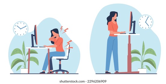 Una mujer trabaja en una oficina sentada en el ordenador o de pie en un escritorio. Hogar u oficina. Mesa ergonómica, estación de trabajo saludable. Concepto vectorial aislado de estilo plano de caricatura