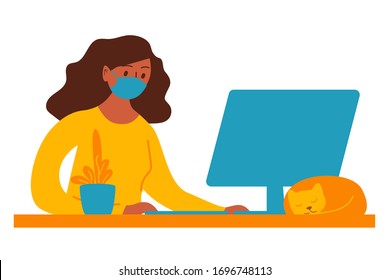 Woman works on computer at home. Stay home. Work from home during quarantine social distancing period of pandemic corona virus or covid-19.