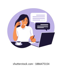 A woman works on a laptop computer and talks on the phone sitting at a table at home with a Cup of coffee and papers. Vector illustration. Flat.