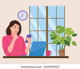 A woman works on a laptop computer and talks on the phone sitting at a table at home with a Cup of coffee Vector illustration.