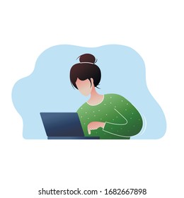 
Woman works on laptop at home. Flat style vector illustration.