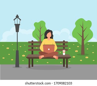 Woman works on laptop in the park. Girl works or studies online. Illustration for freelancer, remote work, business, online training. Vector illustration in a flat style.