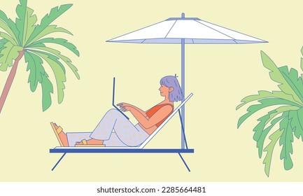 A woman works on a laptop on a sun lounger under an umbrella. The concept of remote work on the seashore. Digital nomad, work while traveling. Modern flat vector illustration.