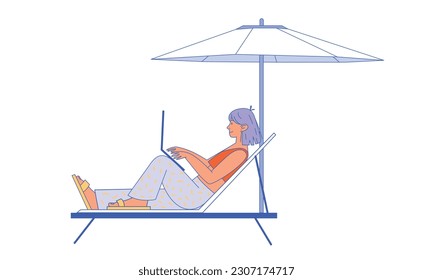A woman works on a laptop on a sun lounger under an umbrella. The concept of remote work on the seashore. Digital nomad, work while traveling. Modern flat vector illustration.