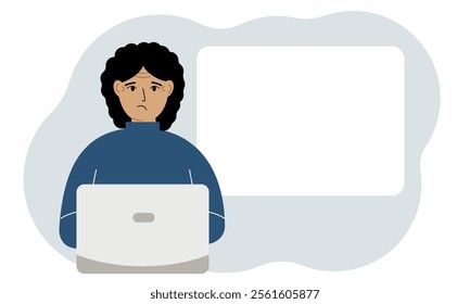 A woman works or on a laptop, there is a place for text nearby. The concept of freelancing or distance learning and work.