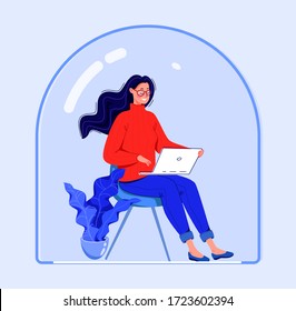 A woman works on a laptop under a glass cover that protects her from the virus. Vector. Flat cartoon design.