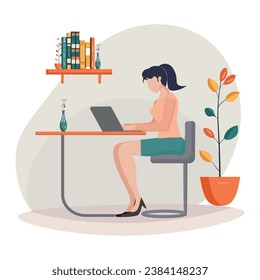 woman works on laptops at home. Freelancer girl is self employed. Online education and distance learning at home. Workspace, remote work. Vector flat