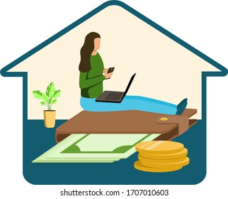 A woman works online at home.