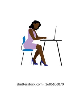 Woman works online at home, illustration. Social distance and self-isolation during quarantine of the coronavirus. Adorable american girl, african american woman working at home.