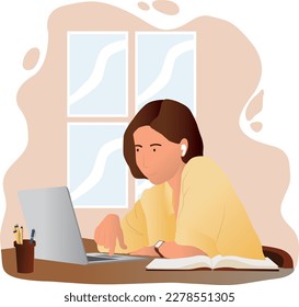 A woman works online. Vector illustration in a trendy flat style of a young pretty woman in headphones chatting online with customers on a computer at the desk. Remote work.