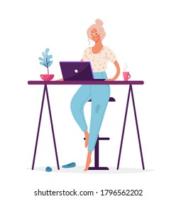 A woman works remotely from her home office during quarantine. Freelance concept, free life, self-employment. Flat vector illustration isolated on white background