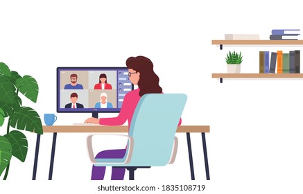 Woman works remotely home office. Character sits at table using computer for collective virtual meeting, group video conference.