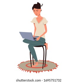 A woman works remotely at home.  Quarantine coronavirus. Vector, cartoon illustration.