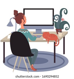 A woman works remotely at home, sits at a table with a computer in a cozy Scandinavian interior. Nearby lies a cat. Quarantine coronavirus. Vector, cartoon illustration.