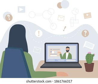 Woman works remotely. Listens to lectures and learns. Homeworkplace with a table and a laptop. Virtual communication. Online education, consultation with a specialist. Vector flat illustration.