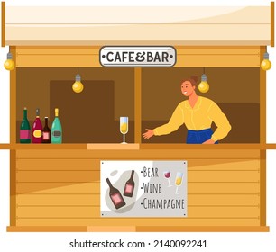 Woman Works In Sale Of Drinks And Food. Outdoor Cafe Or Bar With Alcoholic Drinks And Snacks. Stand For Sale Of Intoxicating Beverages. Woman Bartender Selling Champagne And Cocktails In Bar