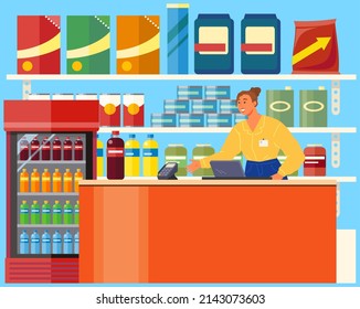 Woman works in sale food and drinks. Female seller with pos reader in supermarket vector illustration. Cashier vender at shop, grocery kiosk. Store employee stands at checkout with pos terminal.