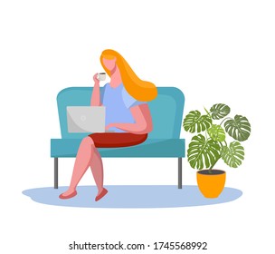 a woman works at the sofa at her laptop, women  office workers, a character is a woman at work in her office communicates with a work colleague partnerships at work