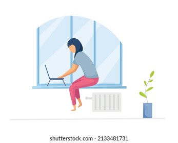 A woman works or studies at home sitting on the windowsill. Distance learning, freelance, online. Home office concept. Vector cartoon